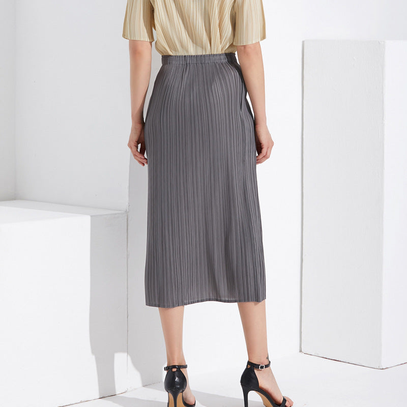Solid Color Pleated Straight Skirt – Japanese Style Slim Fit