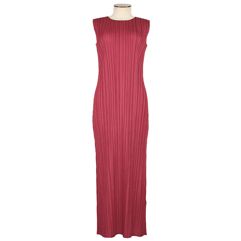 Japanese Style Sleeveless Pleated Dress – Round Neck Elegant Midi