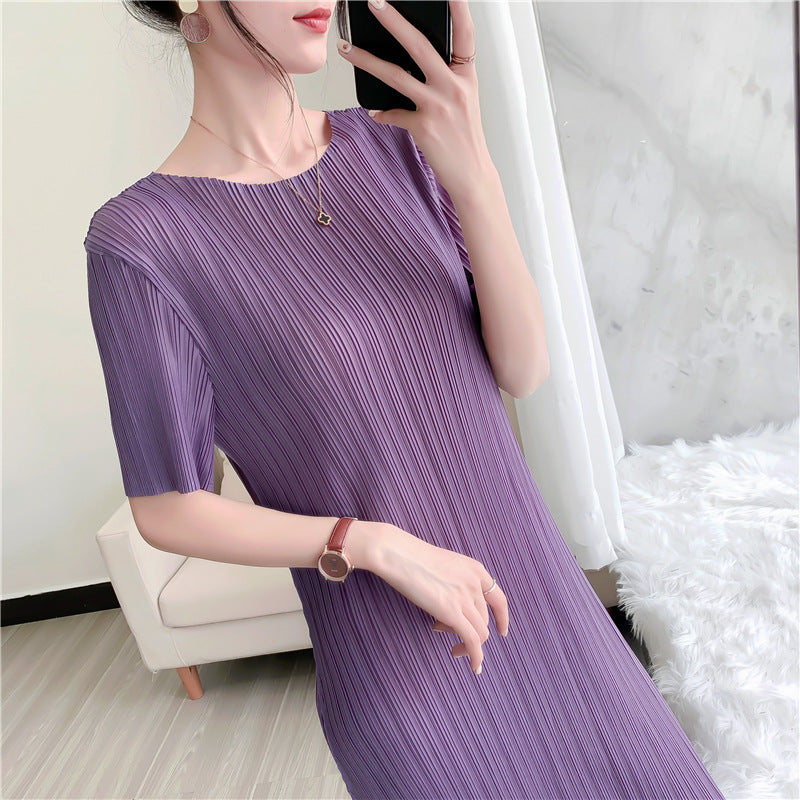 Summer Slim Pleated Midi Dress – Elegant Wrinkle-Free Style