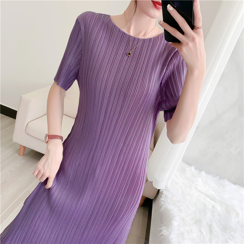 Summer Slim Pleated Midi Dress – Elegant Wrinkle-Free Style