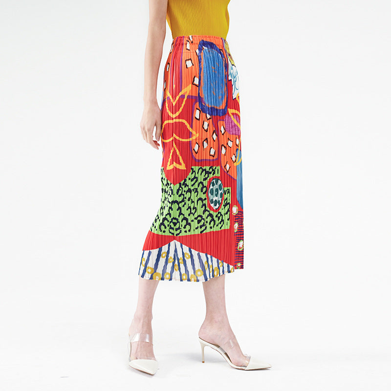 Pleated Printed A-Line Skirt – Elegant Mid-Length Women’s Style