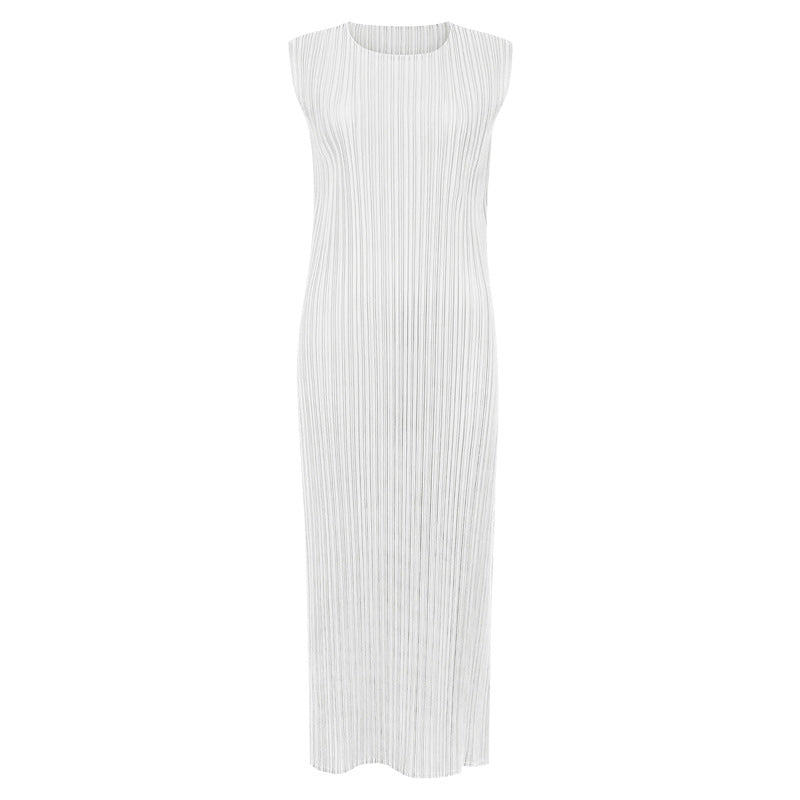 Japanese Style Sleeveless Pleated Dress – Round Neck Elegant Midi