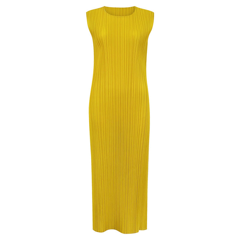 Japanese Style Sleeveless Pleated Dress – Round Neck Elegant Midi