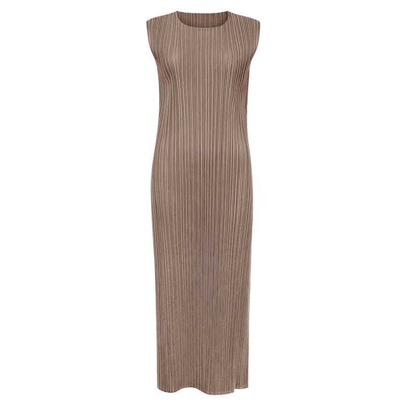Japanese Style Sleeveless Pleated Dress – Round Neck Elegant Midi
