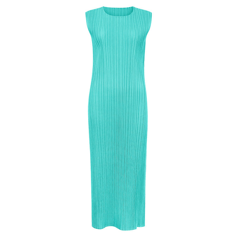 Japanese Style Sleeveless Pleated Dress – Round Neck Elegant Midi