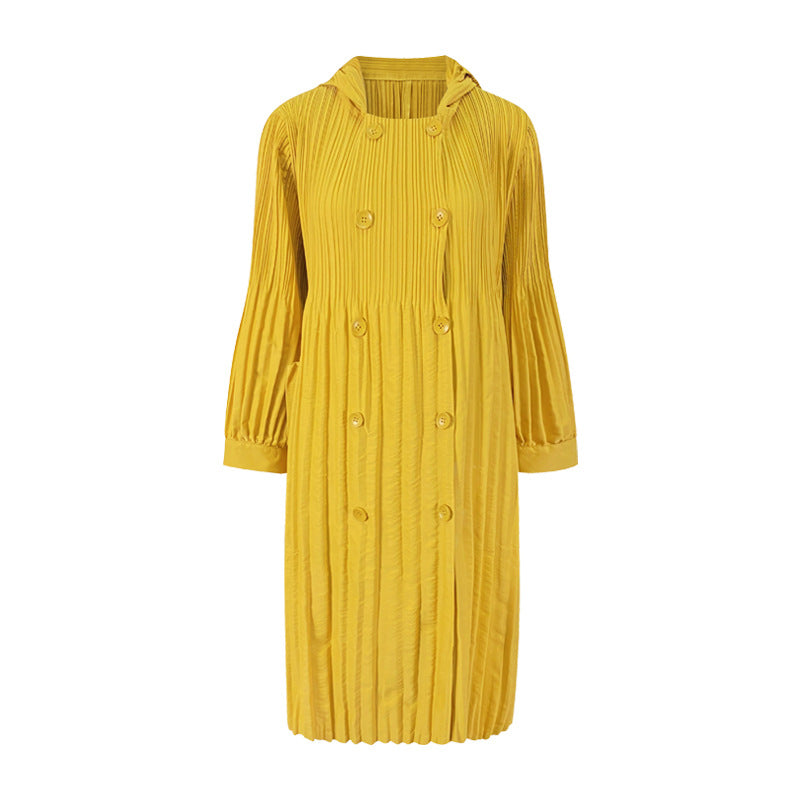 Pleated Double-Breasted Trench Coat – Loose Mid-Length Women’s Jacket