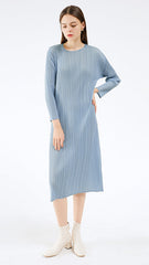 Pleated Solid Color Midi Dress – Slim Long Sleeve Slit Style