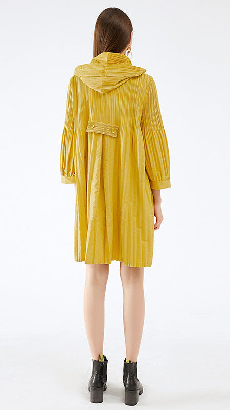 Pleated Double-Breasted Trench Coat – Loose Mid-Length Women’s Jacket
