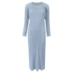 Pleated Solid Color Midi Dress – Slim Long Sleeve Slit Style