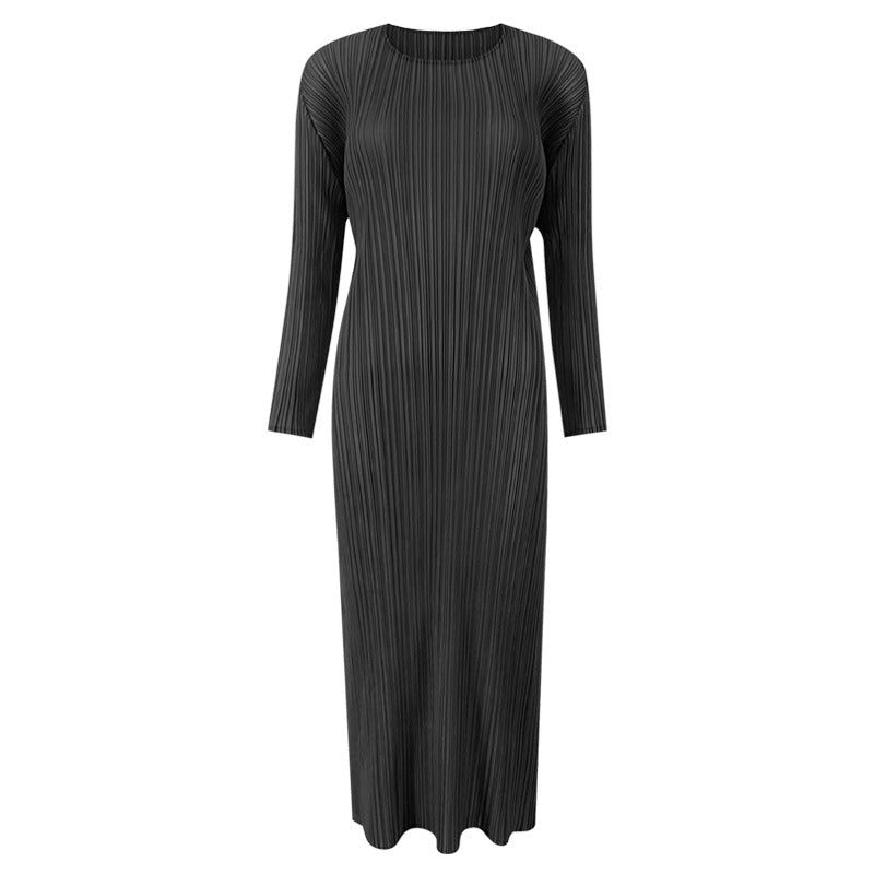 Pleated Solid Color Midi Dress – Slim Long Sleeve Slit Style