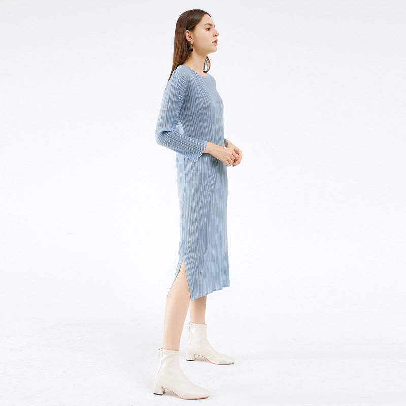 Pleated Solid Color Midi Dress – Slim Long Sleeve Slit Style