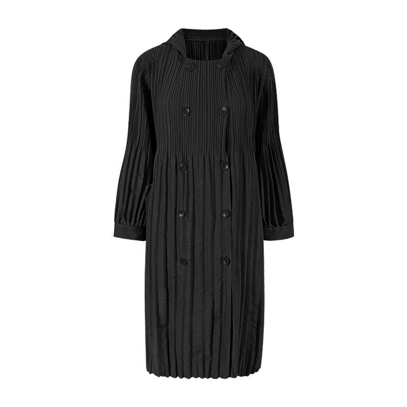 Pleated Double-Breasted Trench Coat – Loose Mid-Length Women’s Jacket