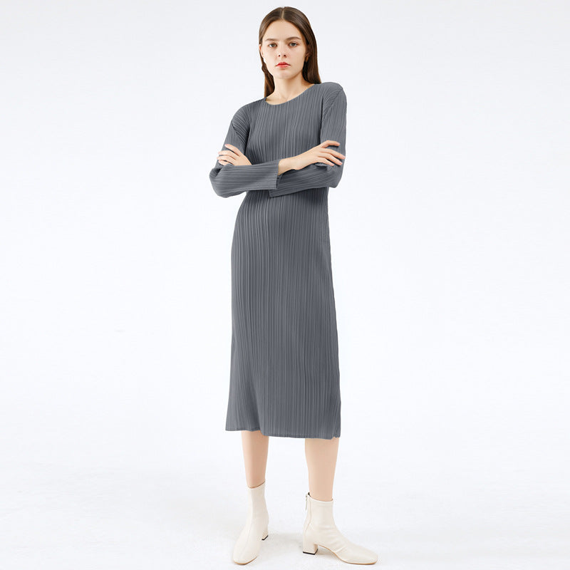 Pleated Solid Color Midi Dress – Slim Long Sleeve Slit Style