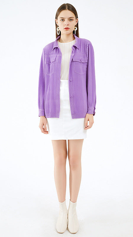 Pleats Please Solid Color Shirt – Slim Fit Pleated Long-Sleeve Top