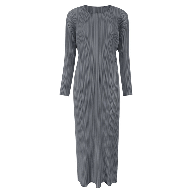 Pleated Solid Color Midi Dress – Slim Long Sleeve Slit Style