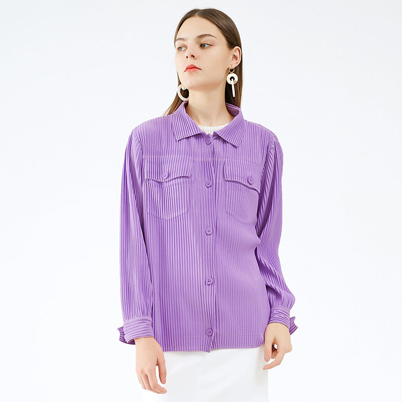 Pleats Please Solid Color Shirt – Slim Fit Pleated Long-Sleeve Top