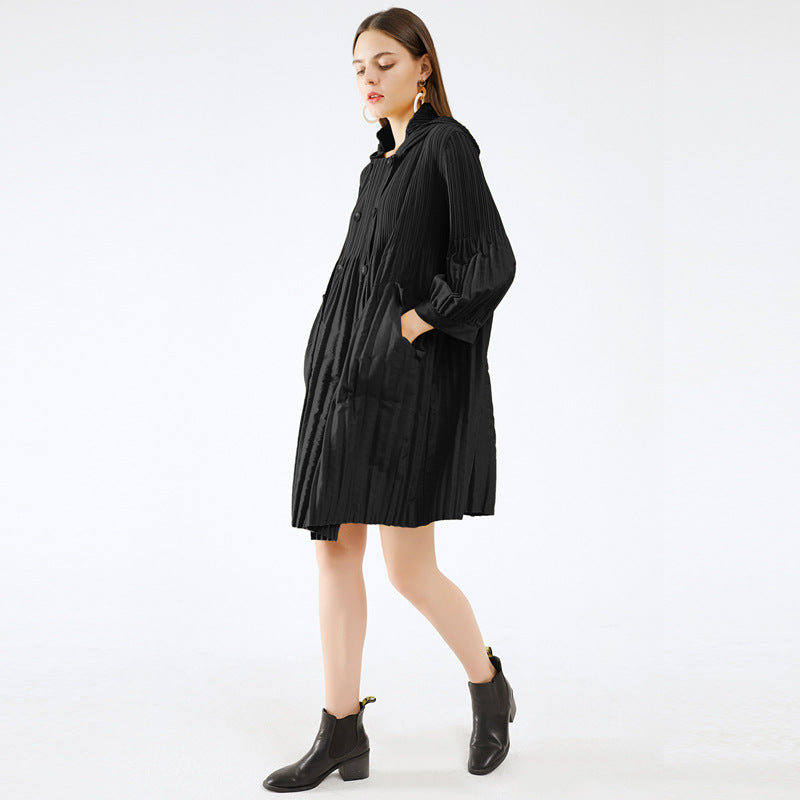 Pleated Double-Breasted Trench Coat – Loose Mid-Length Women’s Jacket