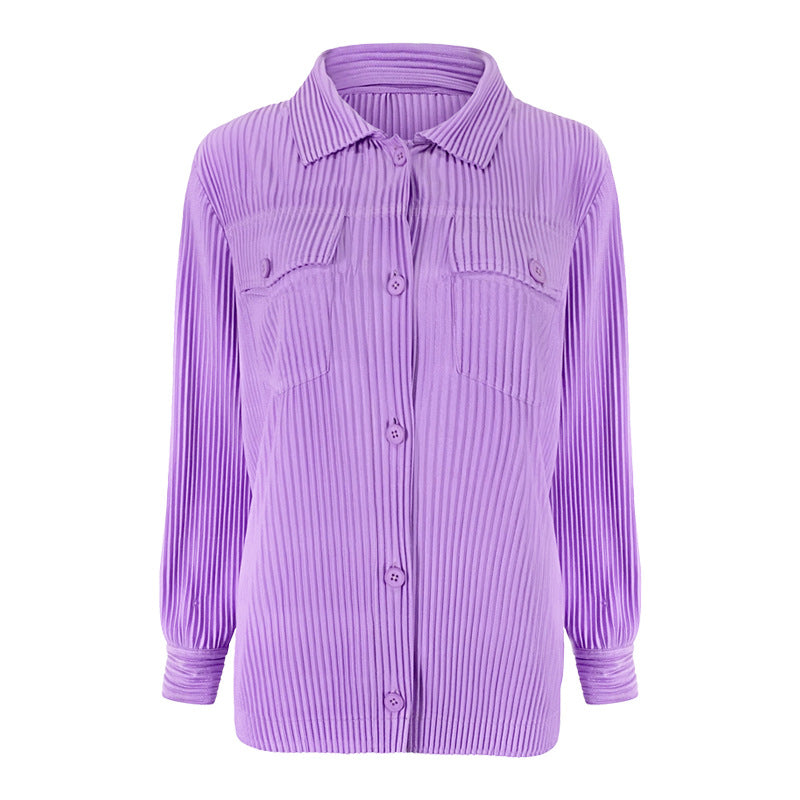 Pleats Please Solid Color Shirt – Slim Fit Pleated Long-Sleeve Top