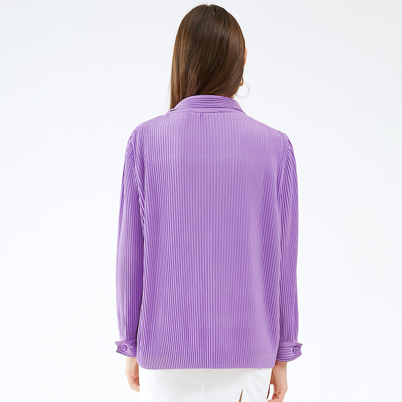 Pleats Please Solid Color Shirt – Slim Fit Pleated Long-Sleeve Top
