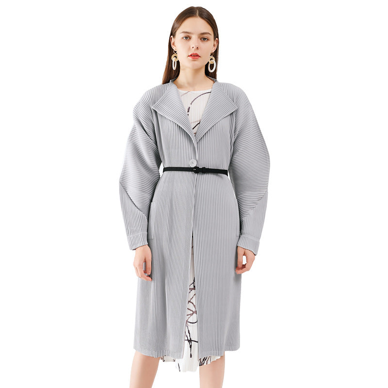 Pleats Please Solid Color Trench Coat – Pleated Horn Sleeve Long Jacket