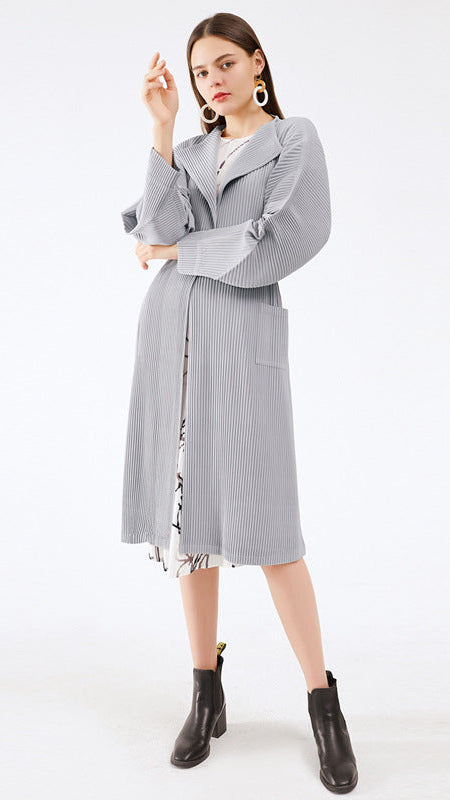 Pleats Please Solid Color Trench Coat – Pleated Horn Sleeve Long Jacket