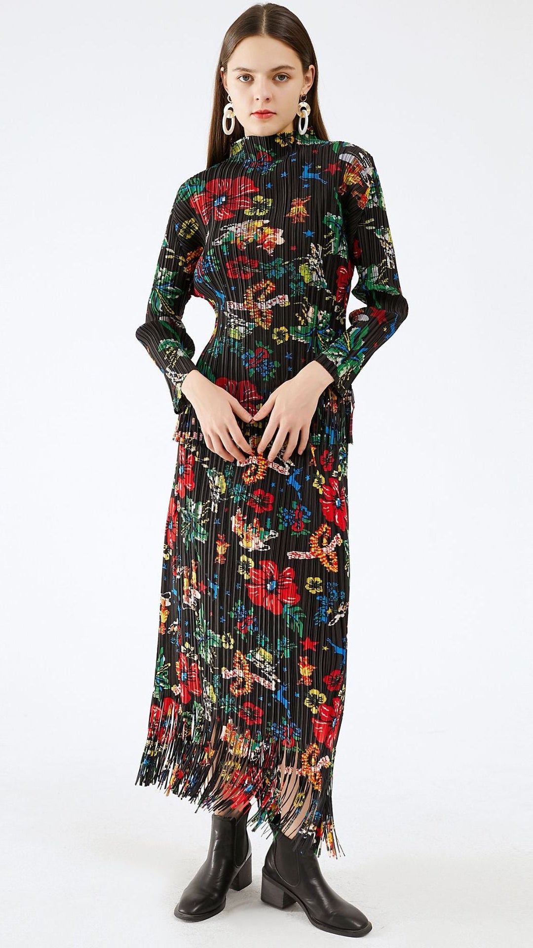 Pleated Floral High Waist Skirt – Retro Mid-Length Women’s Style