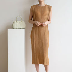 High-End Pleated Midi Dress – Slim Fit Lace-Up Waist Elegant Style