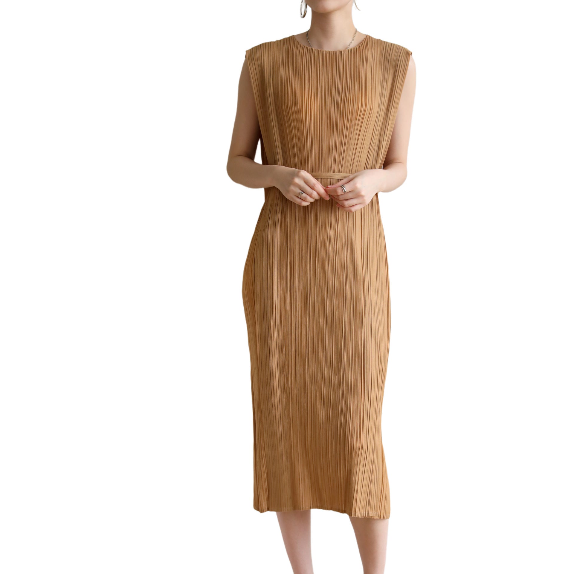 High-End Pleated Midi Dress – Slim Fit Lace-Up Waist Elegant Style