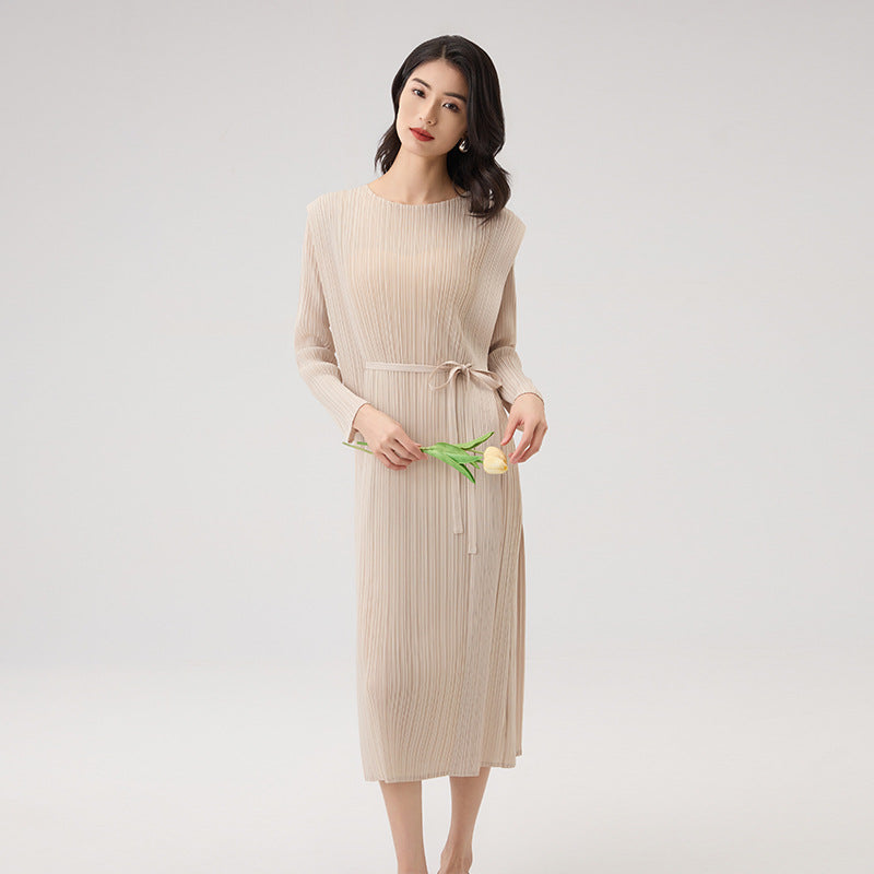 2025 Spring Summer Pleated Maxi Dress – Solid Color, Crew Neck, Lace-Up Waist, Elegant Style