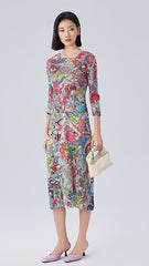 Women’s Summer Pleated Maxi Dress – Graffiti Print Loose Slimming Style