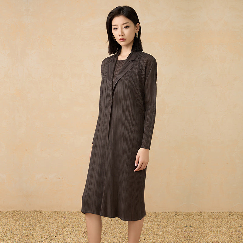 2025 Fall Winter Pleated Mid-Length Coat – Suit Collar, Slim Fit, Elegant Everyday Style