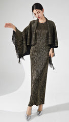 Pleats Please Two-Piece Set – Fringed Shawl & Elegant Pleated Dress
