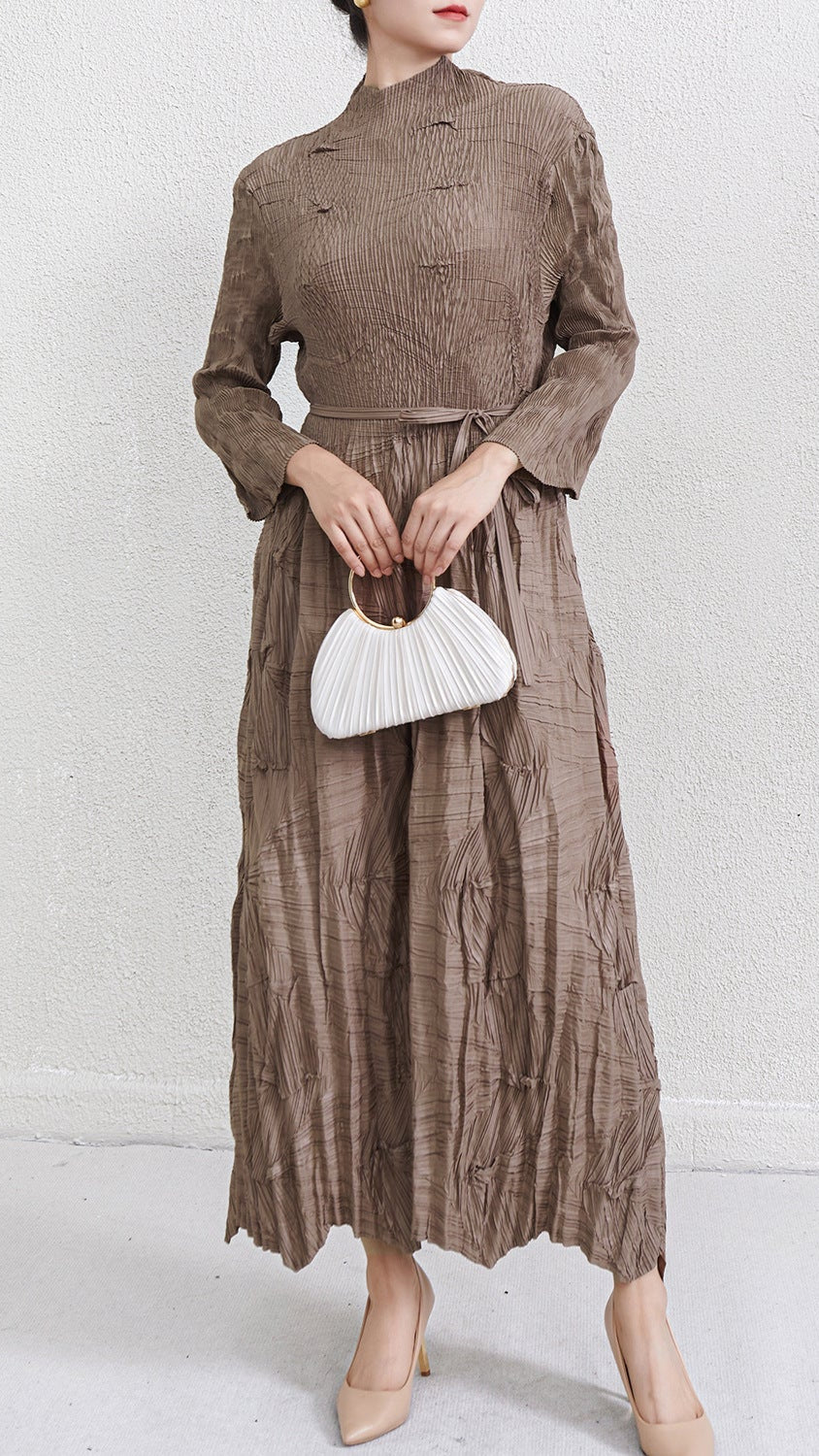2025 Fall Winter Pleated Plus-Size Maxi Dress – Lace-Up Waist, Irregular Hem, Elegant Casual Style