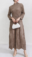 2025 Fall Winter Pleated Plus-Size Maxi Dress – Lace-Up Waist, Irregular Hem, Elegant Casual Style