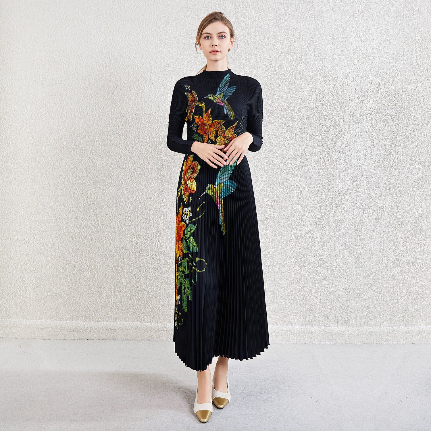 Pleated Print Chiffon Top and Skirt Set – Elegant Two-Piece Outfit