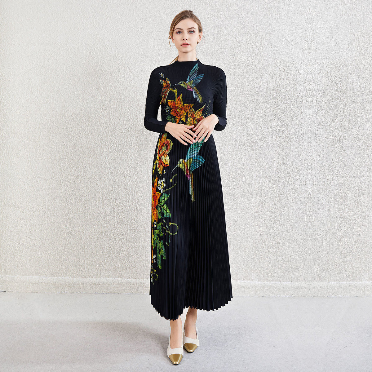 Pleated Print Chiffon Top and Skirt Set – Elegant Two-Piece Outfit