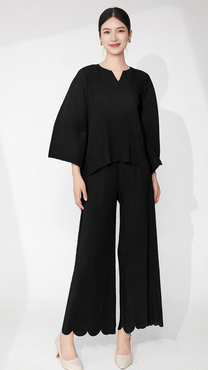 Pleats Please Plus-Size Summer Two-Piece Set – Irregular Top & Straight Pants