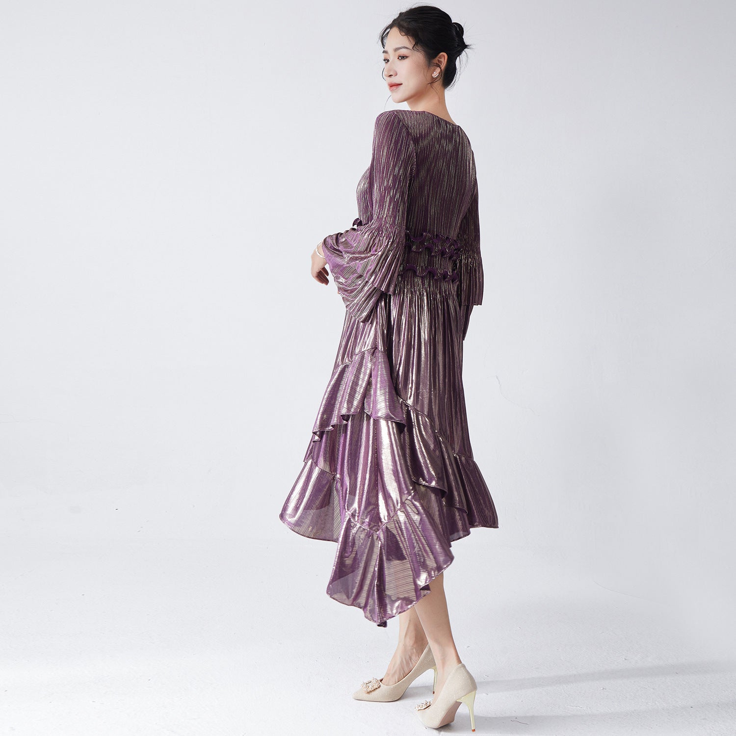 Pleats Please Flared Sleeve A-Line Dress – Irregular Hem Pleated Autumn Winter Style
