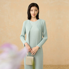 2025 Pre-Fall Pleated Two-Piece Set – Solid Color Long-Sleeve Cardigan & Elegant Dress