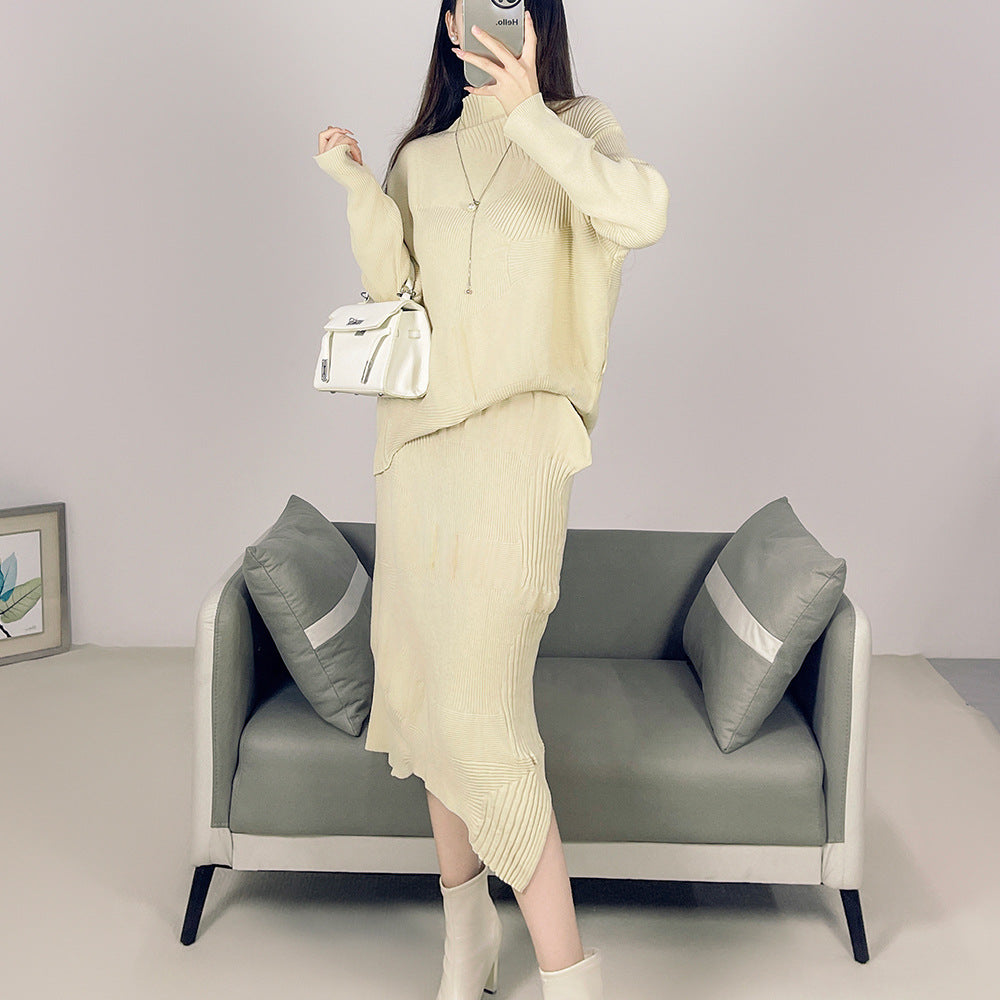 2025 Fall Winter Pleated Sweater Two-Piece Set – Semi-Turtleneck Top & Casual Skirt, Loose Fit Style for Women