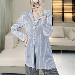 Miyake pleated striped casual suit top women's autumn new fashion temperament commuting loose long sleeve jacket cardigan