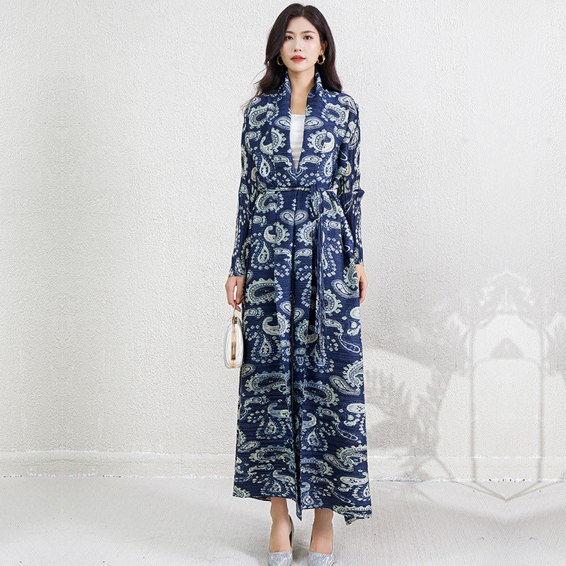 Pleats Please Printed Robe Dress – Long-Sleeve Pleated Maxi Cardigan Style