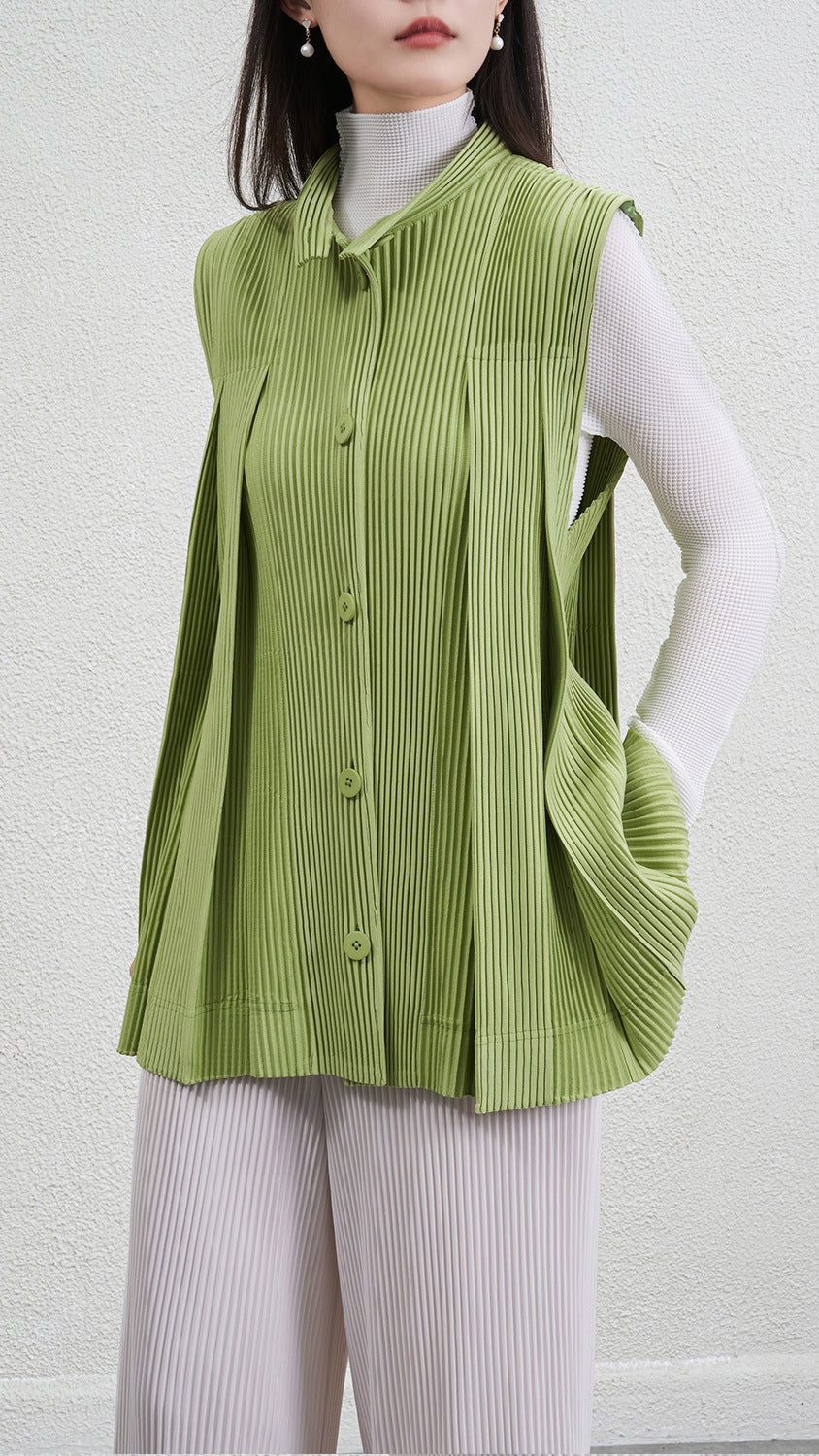 Pleated Irregular Sleeveless Cardigan Top – Modern Layer for Women