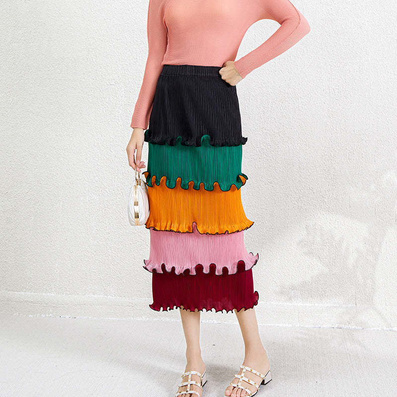 Pleats Please Colorful Striped Maxi Dress – Layered Pleated Long Style