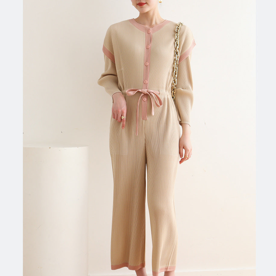 Pleated Color-Block Jumpsuit – Trendy Loose Fit, Casual Plus-Size Friendly Design