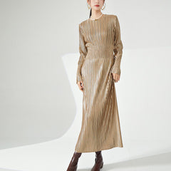 Pleats Please Long-Sleeve Bronzing Dress – Elegant Pleated Autumn Maxi