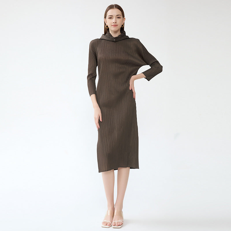 Pleated Hooded A-Line Dress – Solid Color Slim Long Sleeve Winter Style