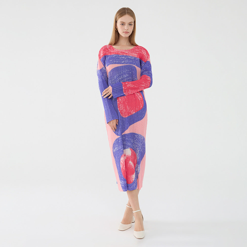 Pleated Vintage Circle Print Midi Dress – Slim Long Sleeve Round Neck