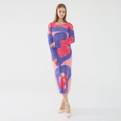Pleated Vintage Circle Print Midi Dress – Slim Long Sleeve Round Neck