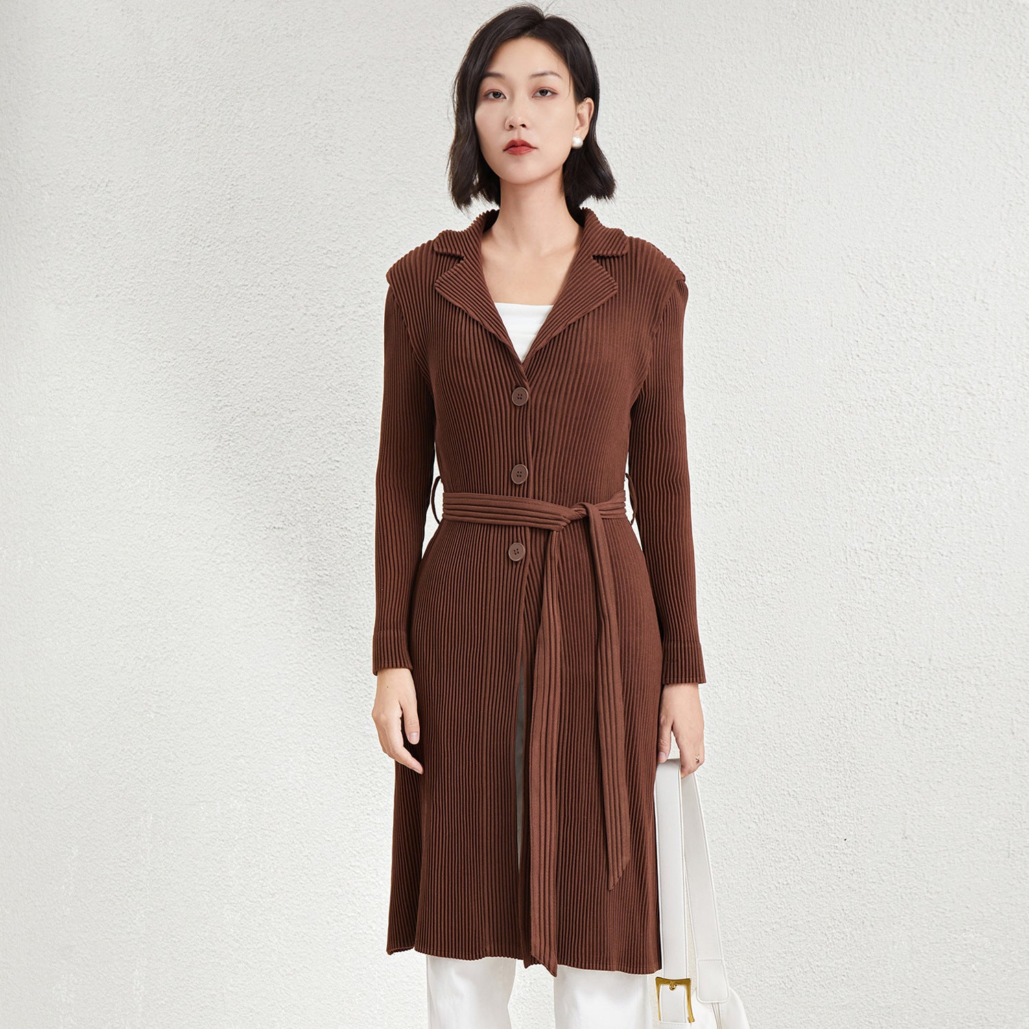 Pleated A-Line Mid-Length Trench Coat – Lace-Up Waist Women’s Outerwear